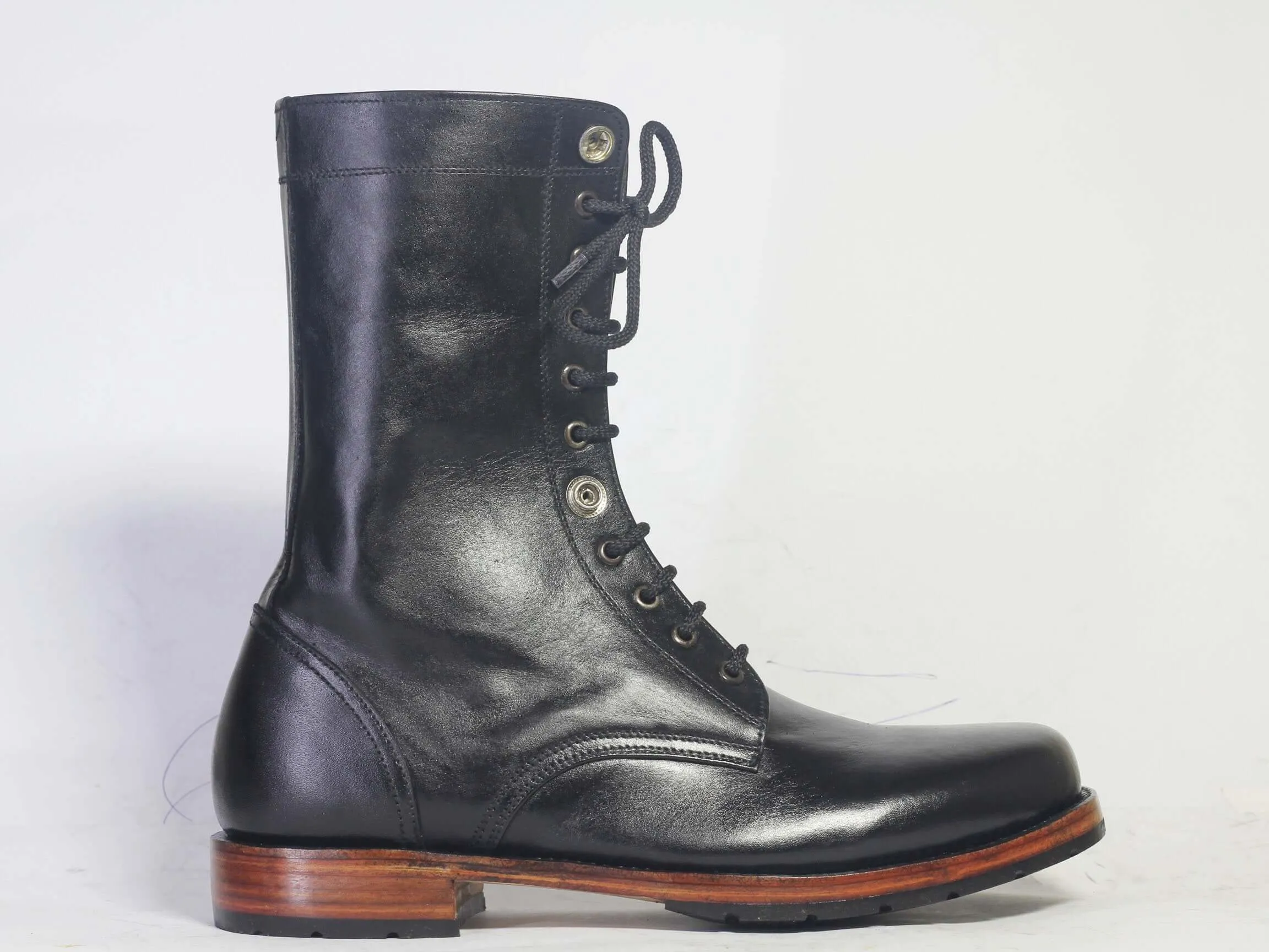 Bespoke Black Ankle High Leather Lace Up Stylish Boots