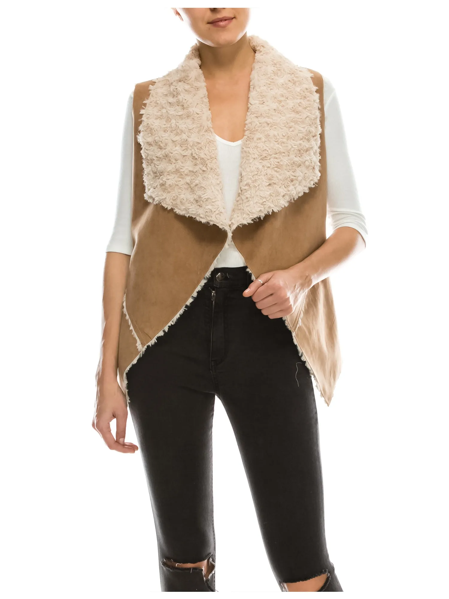 [Clearance] Womens Faux Fur Shearing Fully Lined Suede Vest Coat with Stripe Textured