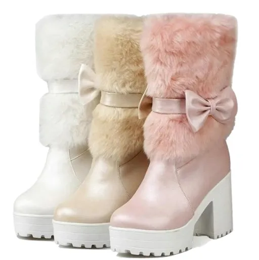 Furry Pink Bow Boots