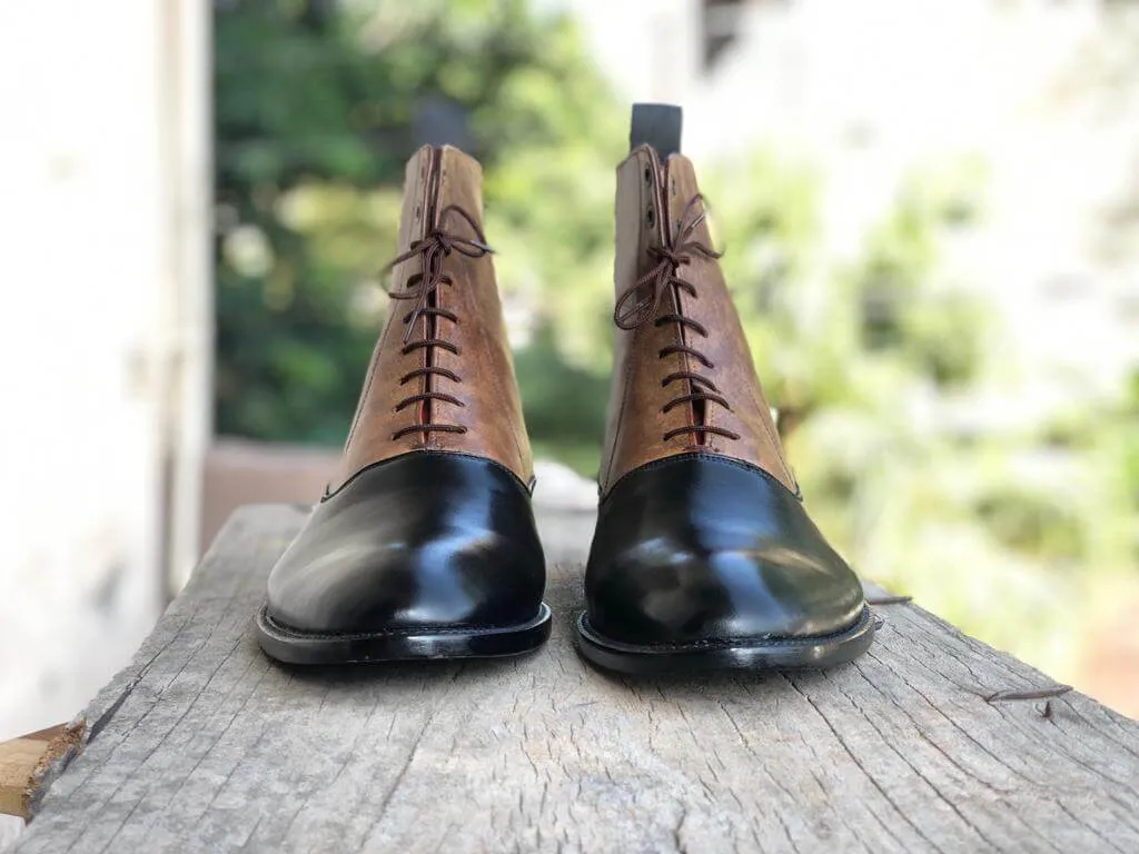 Handmade Black Brown Leather Casual Ankle High Lace Up Boots for Men's