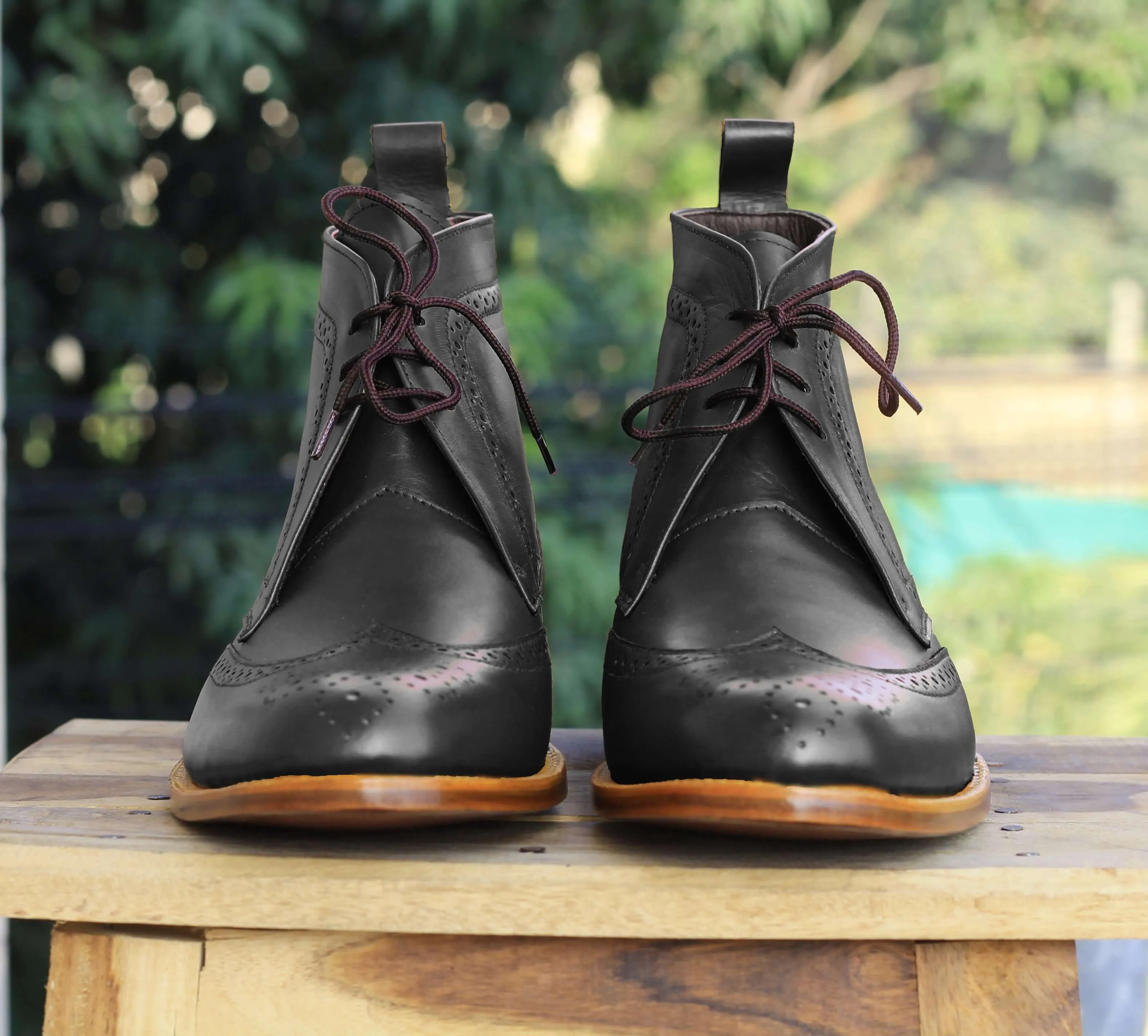 Handmade Men's Black Leather Chukka Boots, Men Wingtip Brogue Lace Up Dress Boots