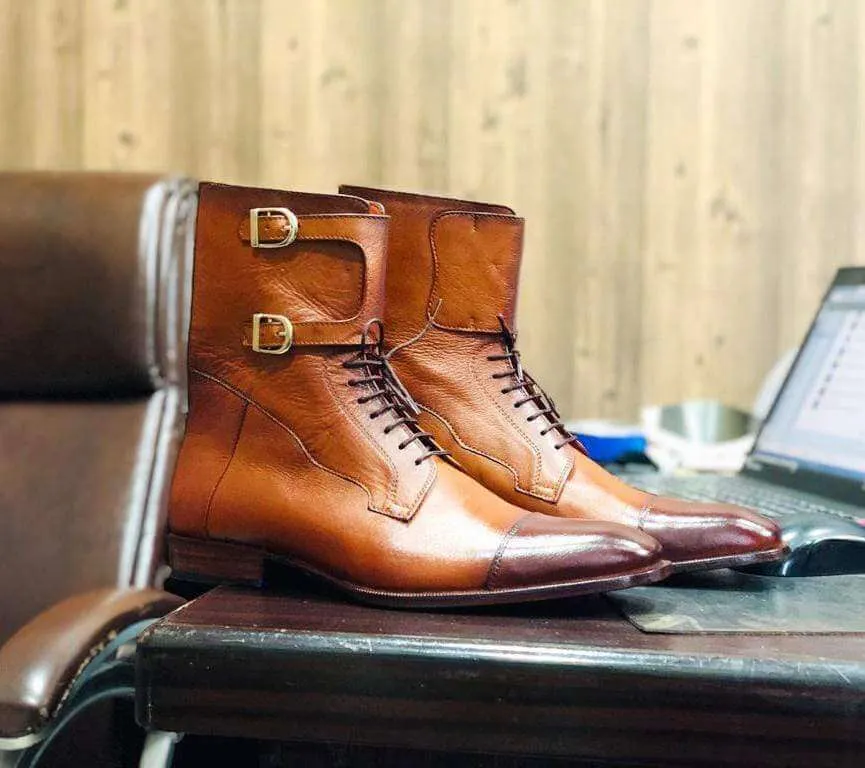 Men Handmade Field Dark Brown Grain Buckle Boots