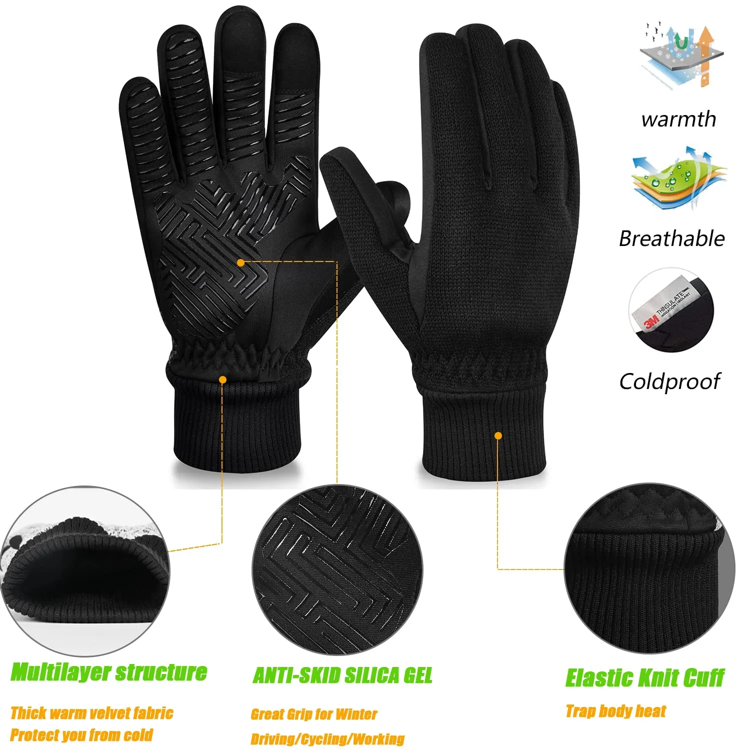 MOREOK Winter Gloves -10°F 3M Thinsulate Warm Gloves Bike Gloves Cycling Gloves for Driving/Cycling/Running/Hiking-Black-M