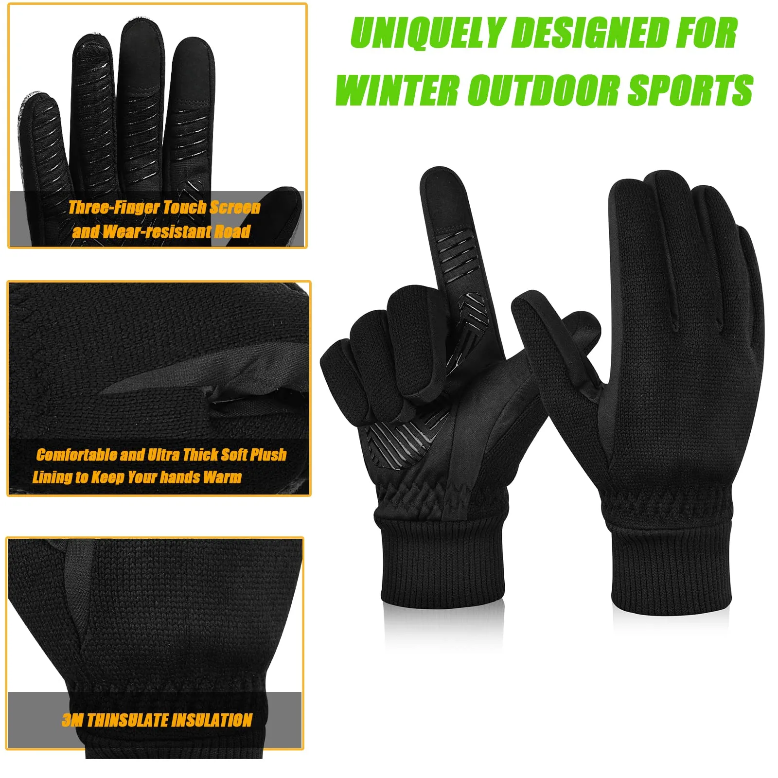 MOREOK Winter Gloves -10°F 3M Thinsulate Warm Gloves Bike Gloves Cycling Gloves for Driving/Cycling/Running/Hiking-Black-M