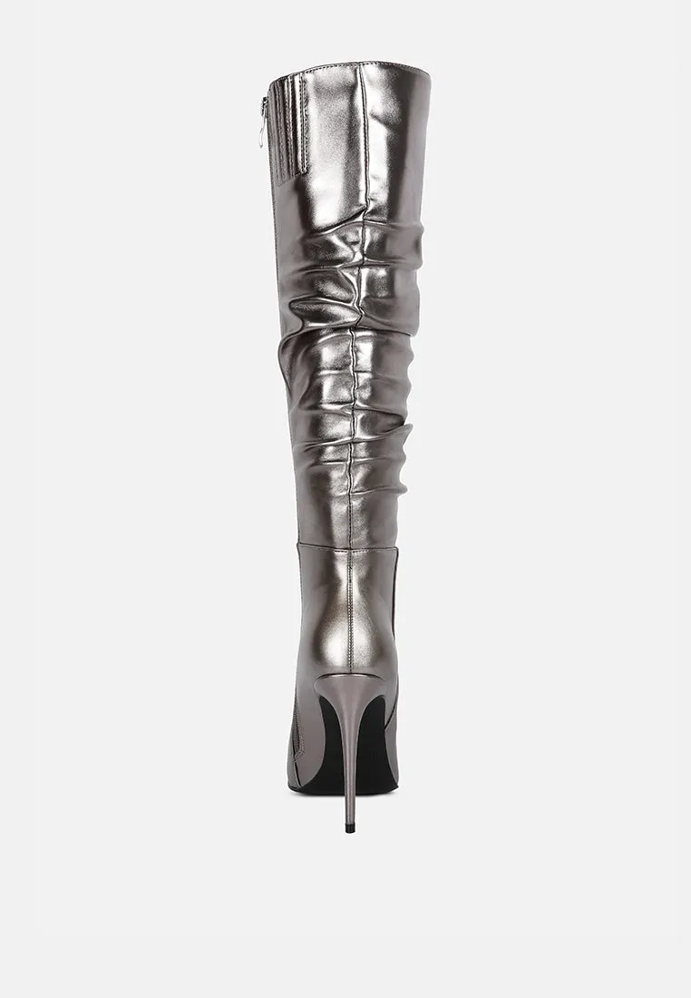 NEW-EXPRESSION Pewter Metallic Ruched Stiletto Knee Boots