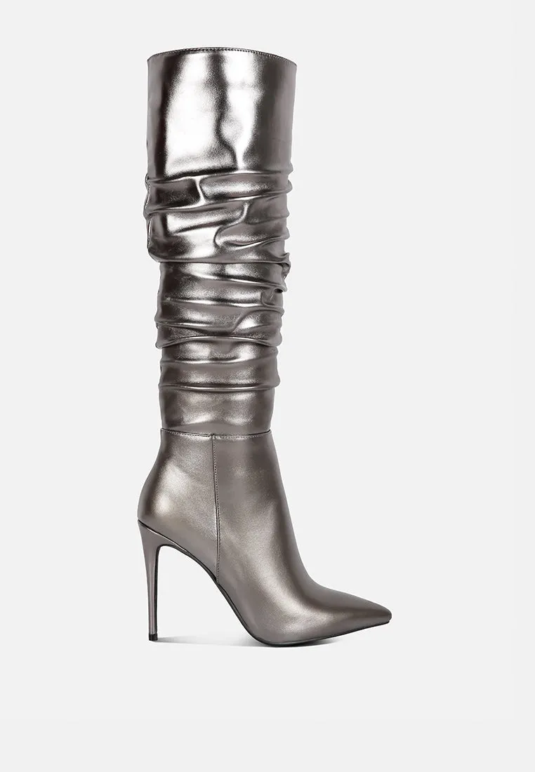 NEW-EXPRESSION Pewter Metallic Ruched Stiletto Knee Boots