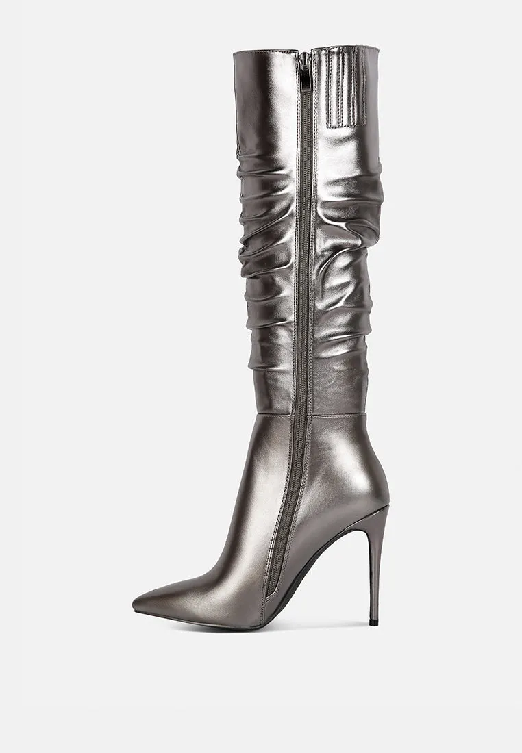 NEW-EXPRESSION Pewter Metallic Ruched Stiletto Knee Boots