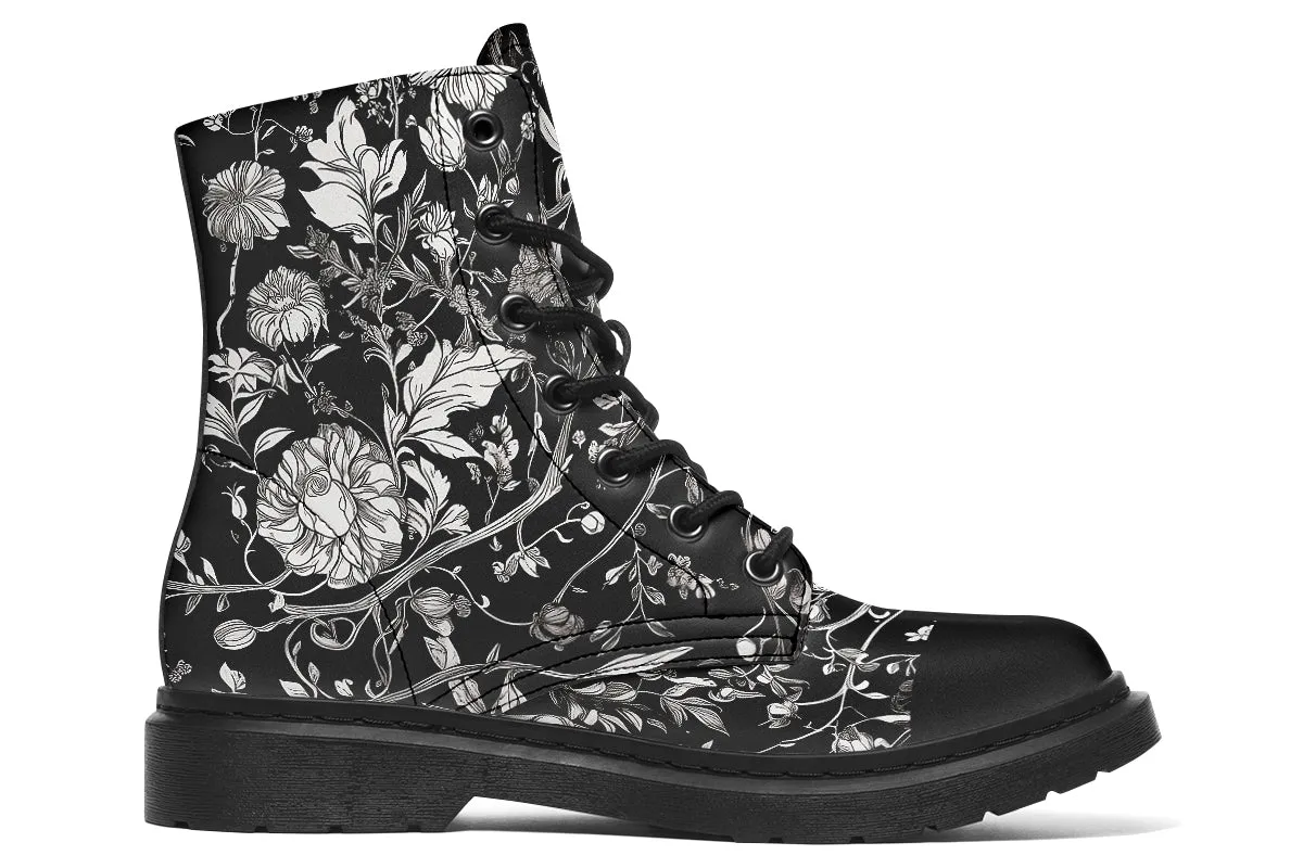 Noir Bouquet Boots - Vegan Leather Doc-Style Boots with Durable Stitched on Soles