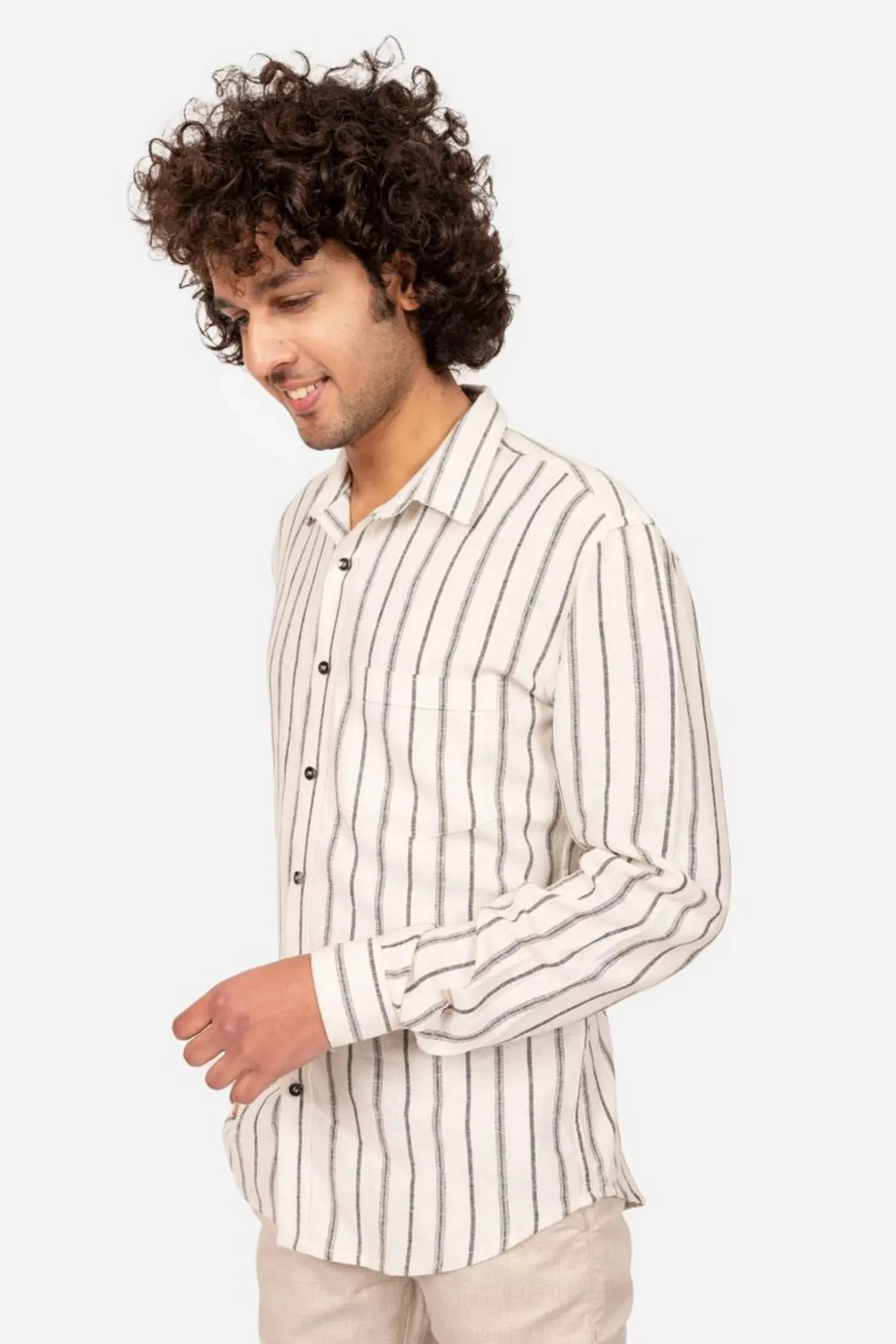 Off White And Black Striped Linen Shirt