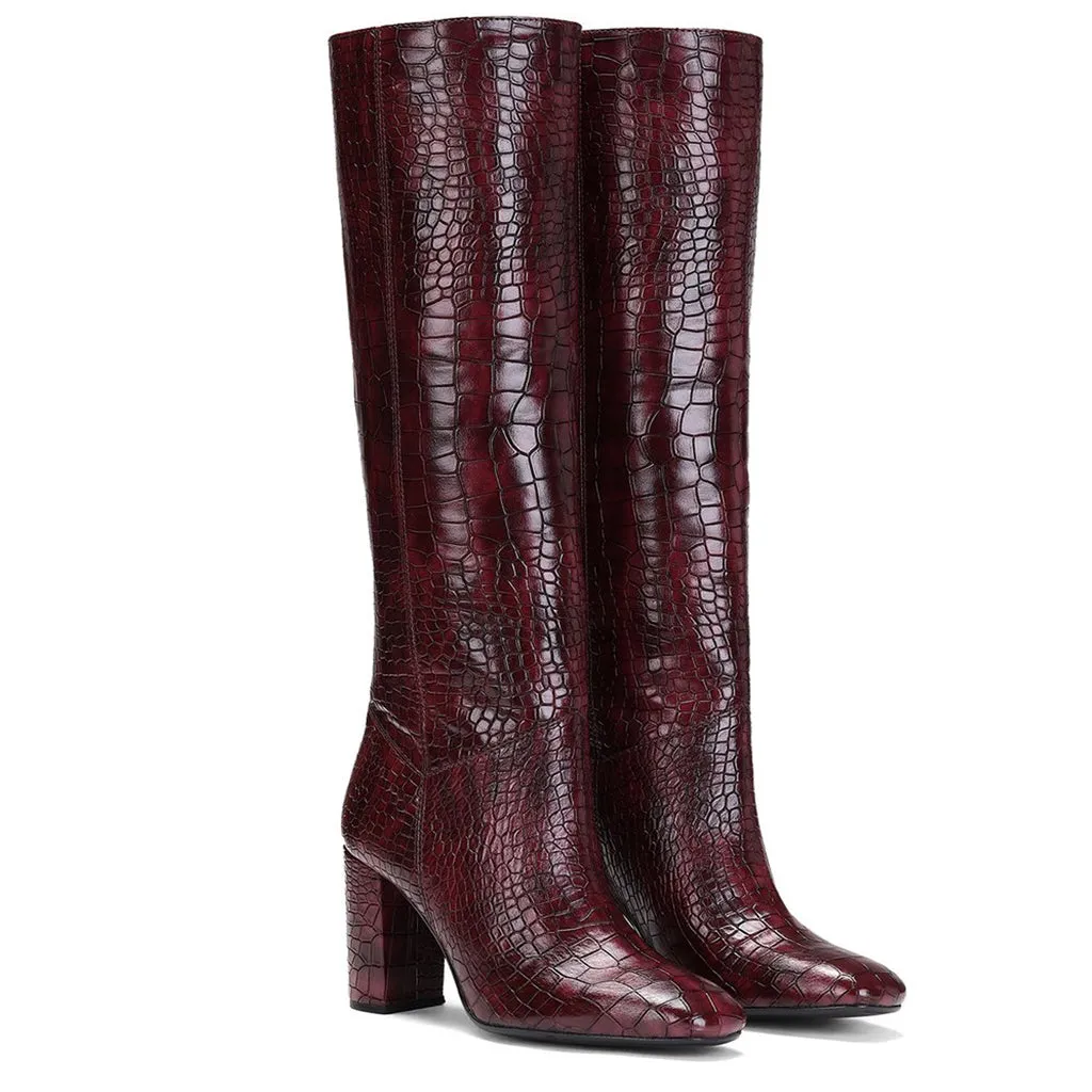 Saint Emily Burgundy Croco Vegan Leather Knee High Boots