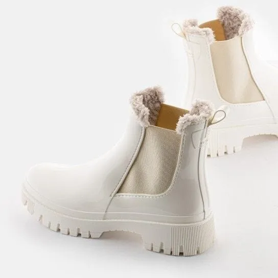 WINTER WHITE FAUX FUR LINED GLOSSY PULL ON RAINBOOTS